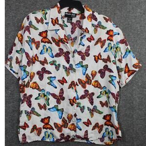 Vintage Studio Silk Butterfly Silk Button Up Shirt Short Sleeve Size Large